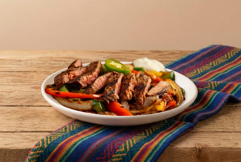 Grilled steak fajitas with colorful bell peppers, onions, and jalapenos, served with sour cream.