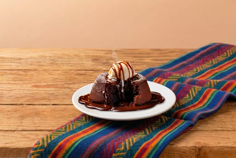 Steaming chocolate lava cake with vanilla ice cream and caramel drizzle on a colorful striped cloth.