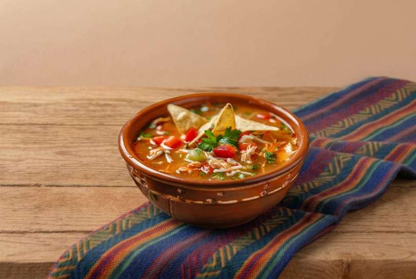Chicken tortilla soup in a brown bowl with tortilla chips, tomatoes, and cilantro on a wooden table.